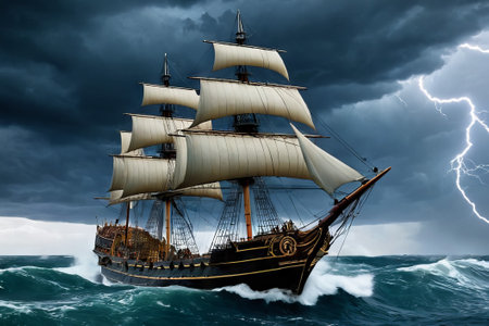 Experience the thrill of adventure in a dramatic photo capturing a majestic sailboat navigating stormy seas a testament to courage and resilience amidst nature fury.の素材