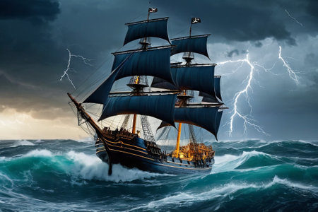 Experience the thrill of adventure in a dramatic photo capturing a majestic sailboat navigating stormy seas a testament to courage and resilience amidst nature fury.の素材