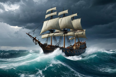 Experience the thrill of adventure in a dramatic photo capturing a majestic sailboat navigating stormy seas a testament to courage and resilience amidst nature fury.の素材