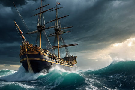Experience the thrill of adventure in a dramatic photo capturing a majestic sailboat navigating stormy seas a testament to courage and resilience amidst nature fury.の素材