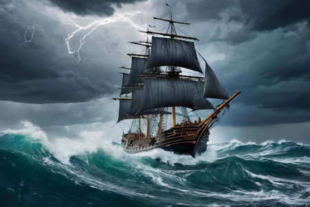 Experience the thrill of adventure in a dramatic photo capturing a majestic sailboat navigating stormy seas a testament to courage and resilience amidst nature fury.の素材