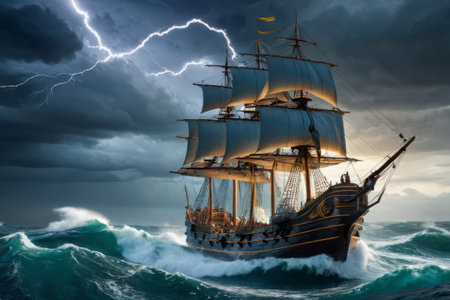 Experience the thrill of adventure in a dramatic photo capturing a majestic sailboat navigating stormy seas a testament to courage and resilience amidst nature fury.の素材