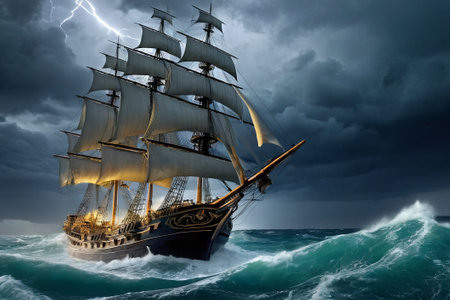 Experience the thrill of adventure in a dramatic photo capturing a majestic sailboat navigating stormy seas a testament to courage and resilience amidst nature fury.の素材