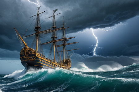 Experience the thrill of adventure in a dramatic photo capturing a majestic sailboat navigating stormy seas a testament to courage and resilience amidst nature fury.の素材