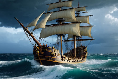 Experience the thrill of adventure in a dramatic photo capturing a majestic sailboat navigating stormy seas a testament to courage and resilience amidst nature fury.の素材