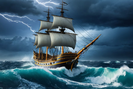 Experience the thrill of adventure in a dramatic photo capturing a majestic sailboat navigating stormy seas a testament to courage and resilience amidst nature fury.の素材