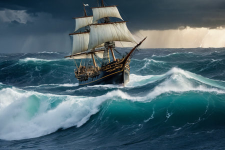 Experience the thrill of adventure in a dramatic photo capturing a majestic sailboat navigating stormy seas a testament to courage and resilience amidst nature fury.の素材