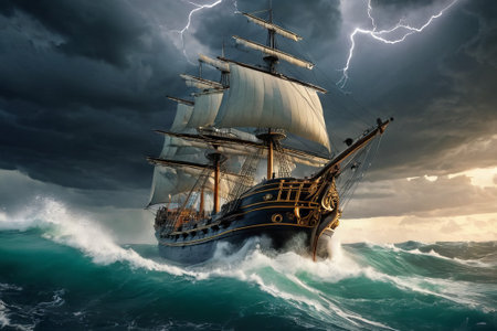 Experience the thrill of adventure in a dramatic photo capturing a majestic sailboat navigating stormy seas a testament to courage and resilience amidst nature fury.の素材