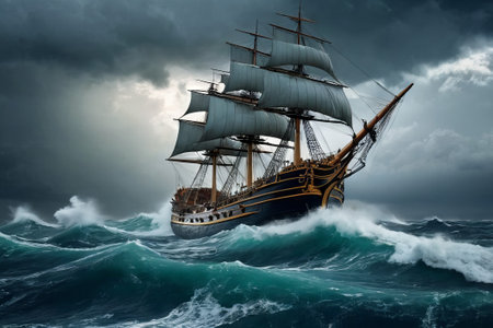 Experience the thrill of adventure in a dramatic photo capturing a majestic sailboat navigating stormy seas a testament to courage and resilience amidst nature fury.の素材