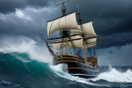 Experience the thrill of adventure in a dramatic photo capturing a majestic sailboat navigating stormy seas a testament to courage and resilience amidst nature fury.の素材