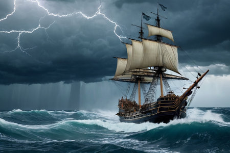 Experience the thrill of adventure in a dramatic photo capturing a majestic sailboat navigating stormy seas a testament to courage and resilience amidst nature fury.の素材