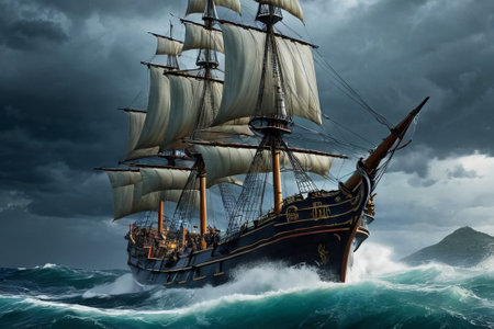 Experience the thrill of adventure in a dramatic photo capturing a majestic sailboat navigating stormy seas a testament to courage and resilience amidst nature fury.の素材