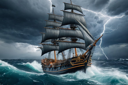 Experience the thrill of adventure in a dramatic photo capturing a majestic sailboat navigating stormy seas a testament to courage and resilience amidst nature fury.の素材