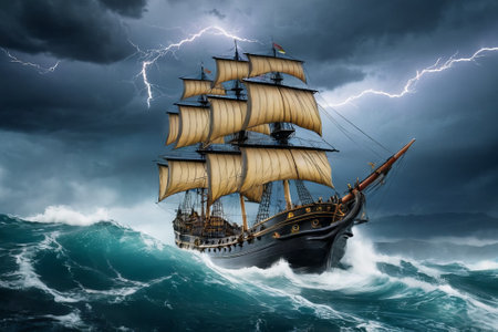 Experience the thrill of adventure in a dramatic photo capturing a majestic sailboat navigating stormy seas a testament to courage and resilience amidst nature fury.の素材