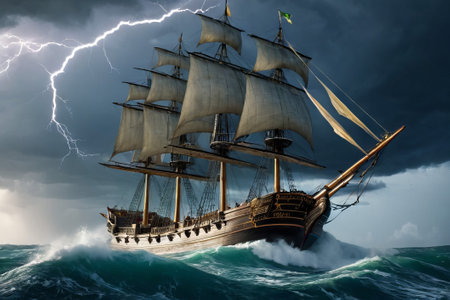 Experience the thrill of adventure in a dramatic photo capturing a majestic sailboat navigating stormy seas a testament to courage and resilience amidst nature fury.の素材