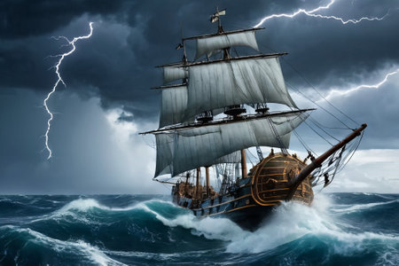 Experience the thrill of adventure in a dramatic photo capturing a majestic sailboat navigating stormy seas a testament to courage and resilience amidst nature fury.の素材