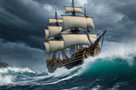 Experience the thrill of adventure in a dramatic photo capturing a majestic sailboat navigating stormy seas a testament to courage and resilience amidst nature fury.の素材