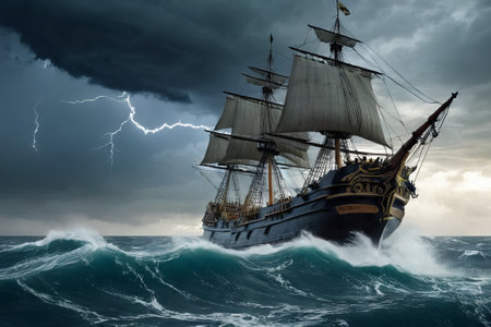 Experience the thrill of adventure in a dramatic photo capturing a majestic sailboat navigating stormy seas a testament to courage and resilience amidst nature fury.の素材
