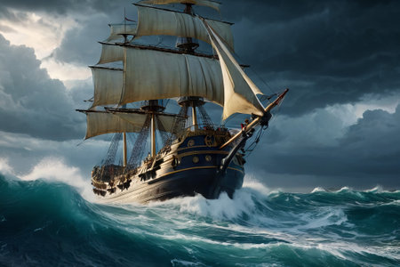 Experience the thrill of adventure in a dramatic photo capturing a majestic sailboat navigating stormy seas a testament to courage and resilience amidst nature fury.の素材