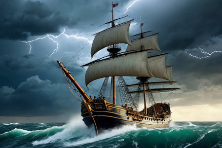 Experience the thrill of adventure in a dramatic photo capturing a majestic sailboat navigating stormy seas a testament to courage and resilience amidst nature fury.の素材