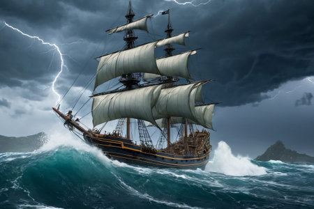 Experience the thrill of adventure in a dramatic photo capturing a majestic sailboat navigating stormy seas a testament to courage and resilience amidst nature fury.の素材