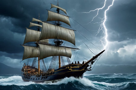 Experience the thrill of adventure in a dramatic photo capturing a majestic sailboat navigating stormy seas a testament to courage and resilience amidst nature fury.の素材