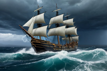 Experience the thrill of adventure in a dramatic photo capturing a majestic sailboat navigating stormy seas a testament to courage and resilience amidst nature fury.の素材
