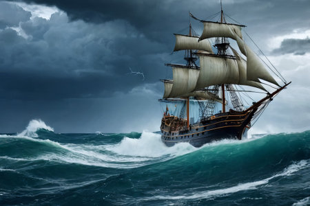 Experience the thrill of adventure in a dramatic photo capturing a majestic sailboat navigating stormy seas a testament to courage and resilience amidst nature fury.の素材
