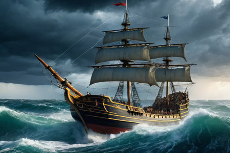 Experience the thrill of adventure in a dramatic photo capturing a majestic sailboat navigating stormy seas a testament to courage and resilience amidst nature fury.の素材