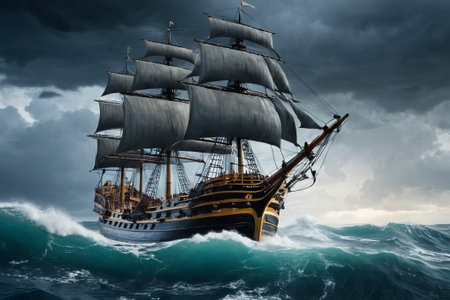 Experience the thrill of adventure in a dramatic photo capturing a majestic sailboat navigating stormy seas a testament to courage and resilience amidst nature fury.の素材