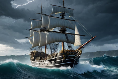 Experience the thrill of adventure in a dramatic photo capturing a majestic sailboat navigating stormy seas a testament to courage and resilience amidst nature fury.の素材