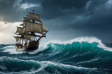 Experience the thrill of adventure in a dramatic photo capturing a majestic sailboat navigating stormy seas a testament to courage and resilience amidst nature fury.の素材