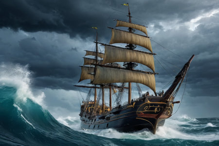 Experience the thrill of adventure in a dramatic photo capturing a majestic sailboat navigating stormy seas a testament to courage and resilience amidst nature fury.の素材