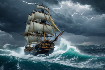 Experience the thrill of adventure in a dramatic photo capturing a majestic sailboat navigating stormy seas a testament to courage and resilience amidst nature fury.の素材