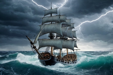 Experience the thrill of adventure in a dramatic photo capturing a majestic sailboat navigating stormy seas a testament to courage and resilience amidst nature fury.の素材