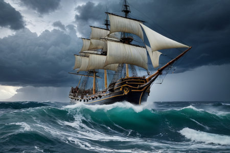 Experience the thrill of adventure in a dramatic photo capturing a majestic sailboat navigating stormy seas a testament to courage and resilience amidst nature fury.の素材