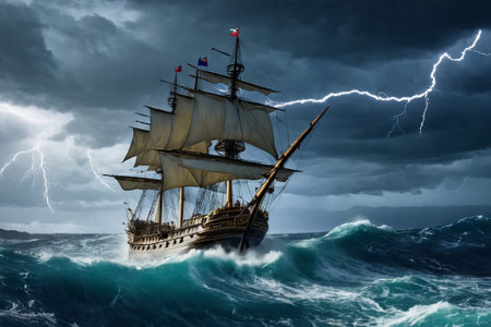 Experience the thrill of adventure in a dramatic photo capturing a majestic sailboat navigating stormy seas a testament to courage and resilience amidst nature fury.の素材