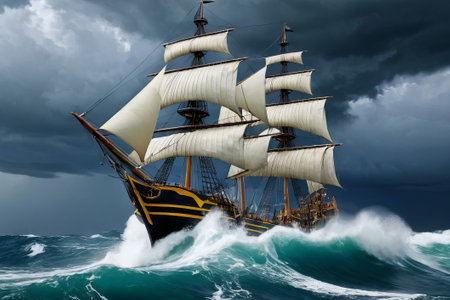 Experience the thrill of adventure in a dramatic photo capturing a majestic sailboat navigating stormy seas a testament to courage and resilience amidst nature fury.の素材