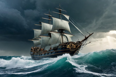 Experience the thrill of adventure in a dramatic photo capturing a majestic sailboat navigating stormy seas a testament to courage and resilience amidst nature fury.の素材