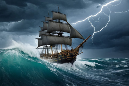 Experience the thrill of adventure in a dramatic photo capturing a majestic sailboat navigating stormy seas a testament to courage and resilience amidst nature fury.の素材