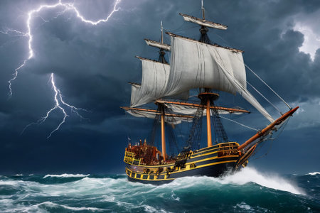 Experience the thrill of adventure in a dramatic photo capturing a majestic sailboat navigating stormy seas a testament to courage and resilience amidst nature fury.の素材