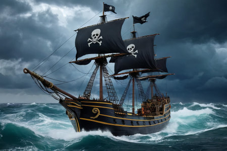 Experience the thrill of adventure in a dramatic photo capturing a majestic sailboat navigating stormy seas a testament to courage and resilience amidst nature fury.の素材