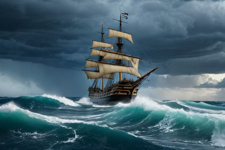 Experience the thrill of adventure in a dramatic photo capturing a majestic sailboat navigating stormy seas a testament to courage and resilience amidst nature fury.の素材