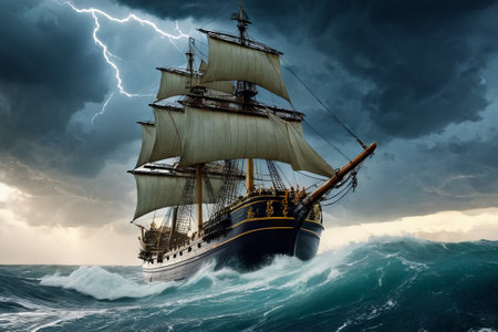 Experience the thrill of adventure in a dramatic photo capturing a majestic sailboat navigating stormy seas a testament to courage and resilience amidst nature fury.の素材
