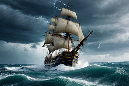 Experience the thrill of adventure in a dramatic photo capturing a majestic sailboat navigating stormy seas a testament to courage and resilience amidst nature fury.の素材