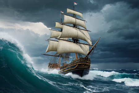 Experience the thrill of adventure in a dramatic photo capturing a majestic sailboat navigating stormy seas a testament to courage and resilience amidst nature fury.の素材