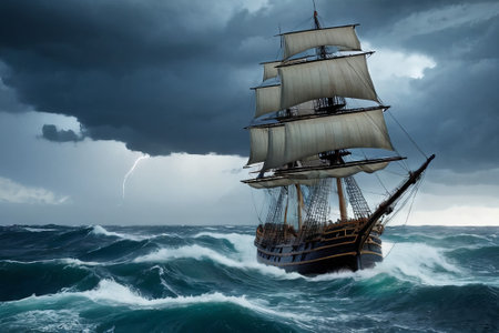 Experience the thrill of adventure in a dramatic photo capturing a majestic sailboat navigating stormy seas a testament to courage and resilience amidst nature fury.の素材