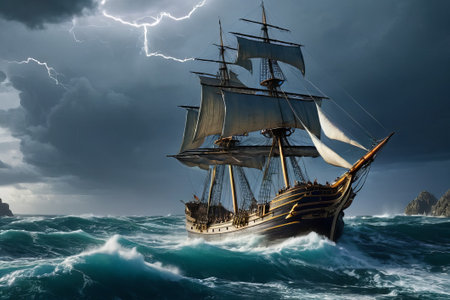 Experience the thrill of adventure in a dramatic photo capturing a majestic sailboat navigating stormy seas a testament to courage and resilience amidst nature fury.の素材