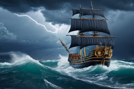 Experience the thrill of adventure in a dramatic photo capturing a majestic sailboat navigating stormy seas a testament to courage and resilience amidst nature fury.の素材