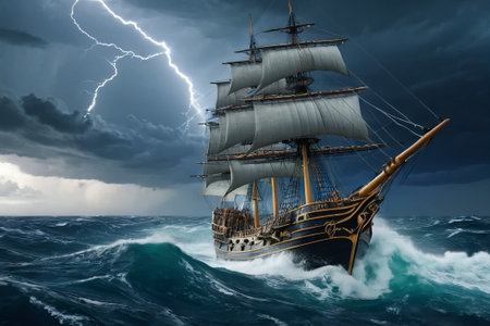 Experience the thrill of adventure in a dramatic photo capturing a majestic sailboat navigating stormy seas a testament to courage and resilience amidst nature fury.の素材
